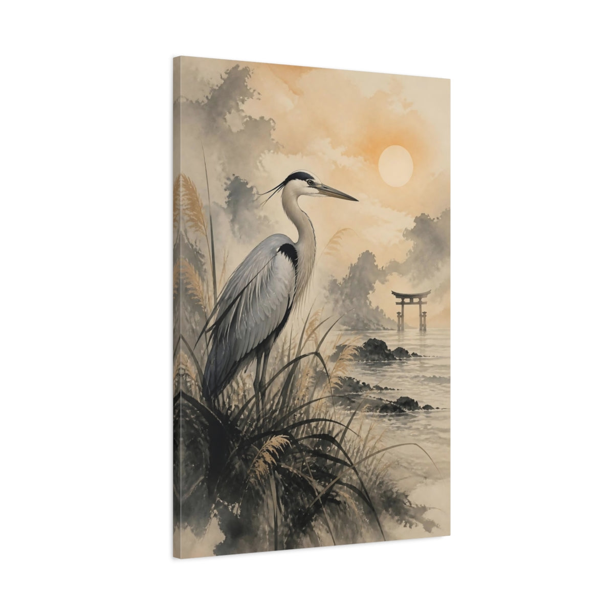 Main Mockup. Japanese Heron At Torii shown as canvas print