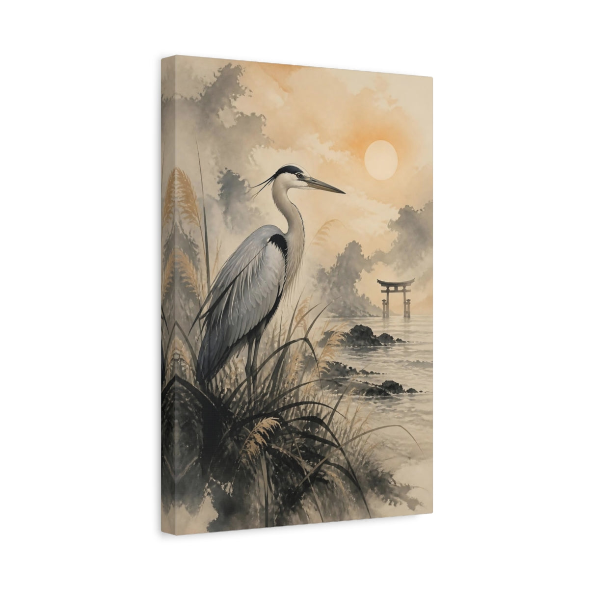 Side Mockup 4. Japanese Heron At Torii shown as canvas print