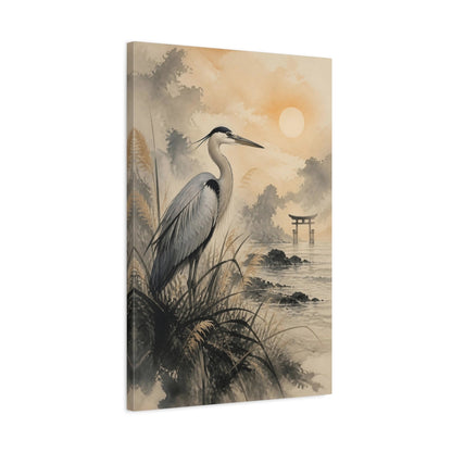 Side Mockup 2. Japanese Heron At Torii shown as canvas print