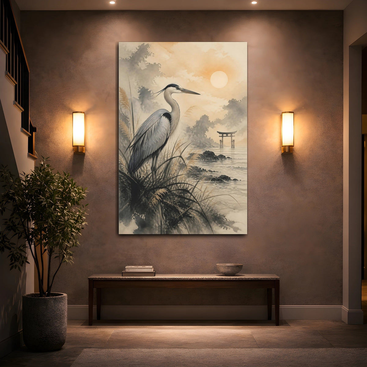 Mockup 2. Japanese Heron At Torii shown as canvas print