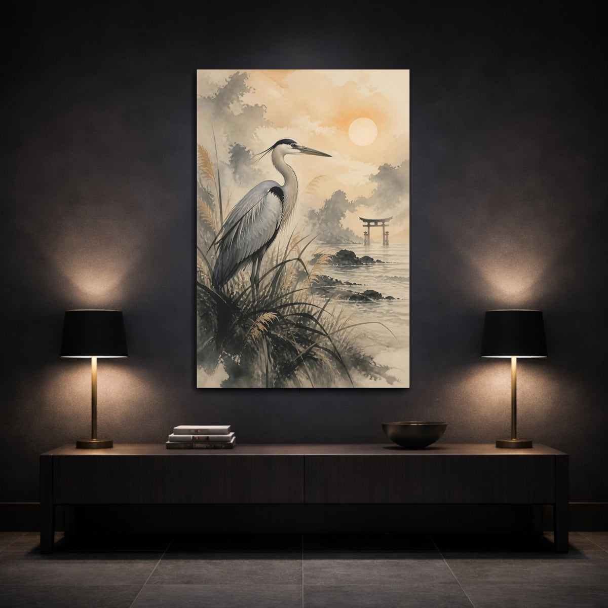 Mockup 3. Japanese Heron At Torii shown as canvas print