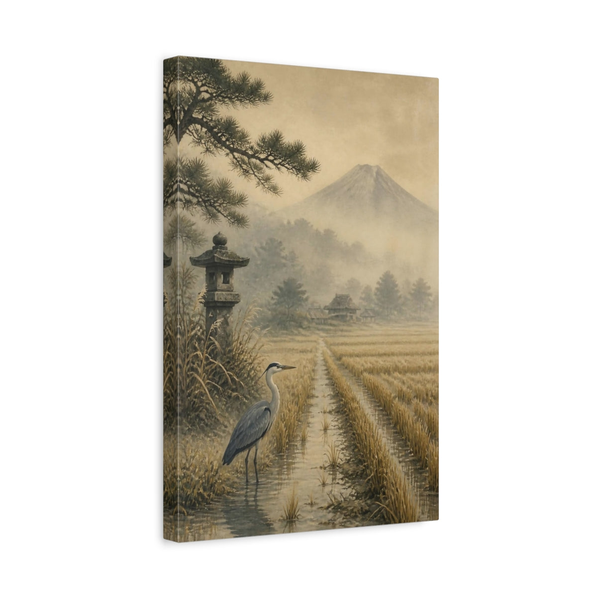 Side Mockup 4. Japanese Heron In Mist shown as canvas print