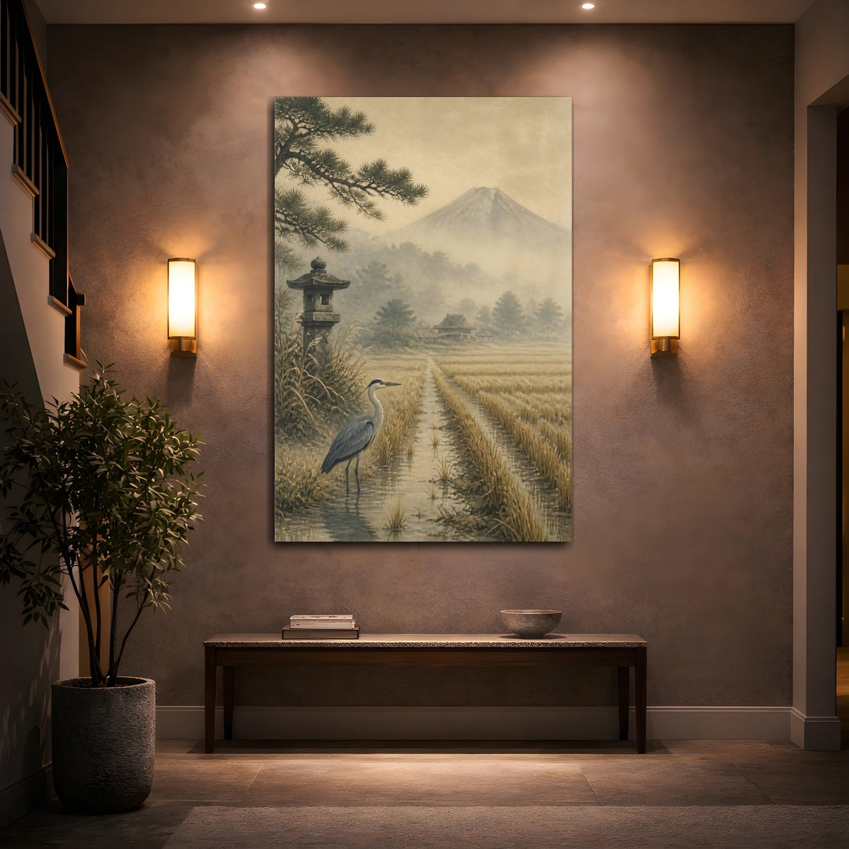Mockup 2. Japanese Heron In Mist shown as canvas print
