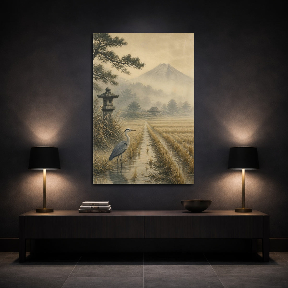 Mockup 3. Japanese Heron In Mist shown as canvas print