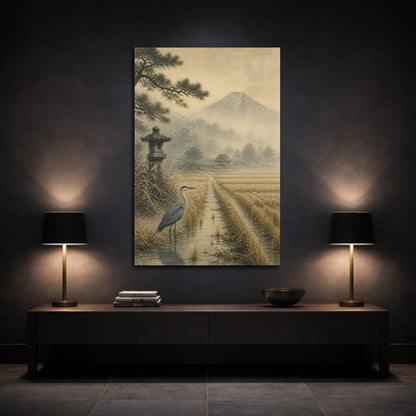 Mockup 3. Japanese Heron In Mist shown as canvas print