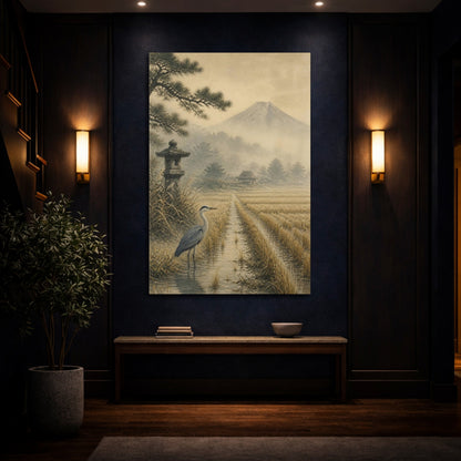 Mockup 4. Japanese Heron In Mist shown as canvas print