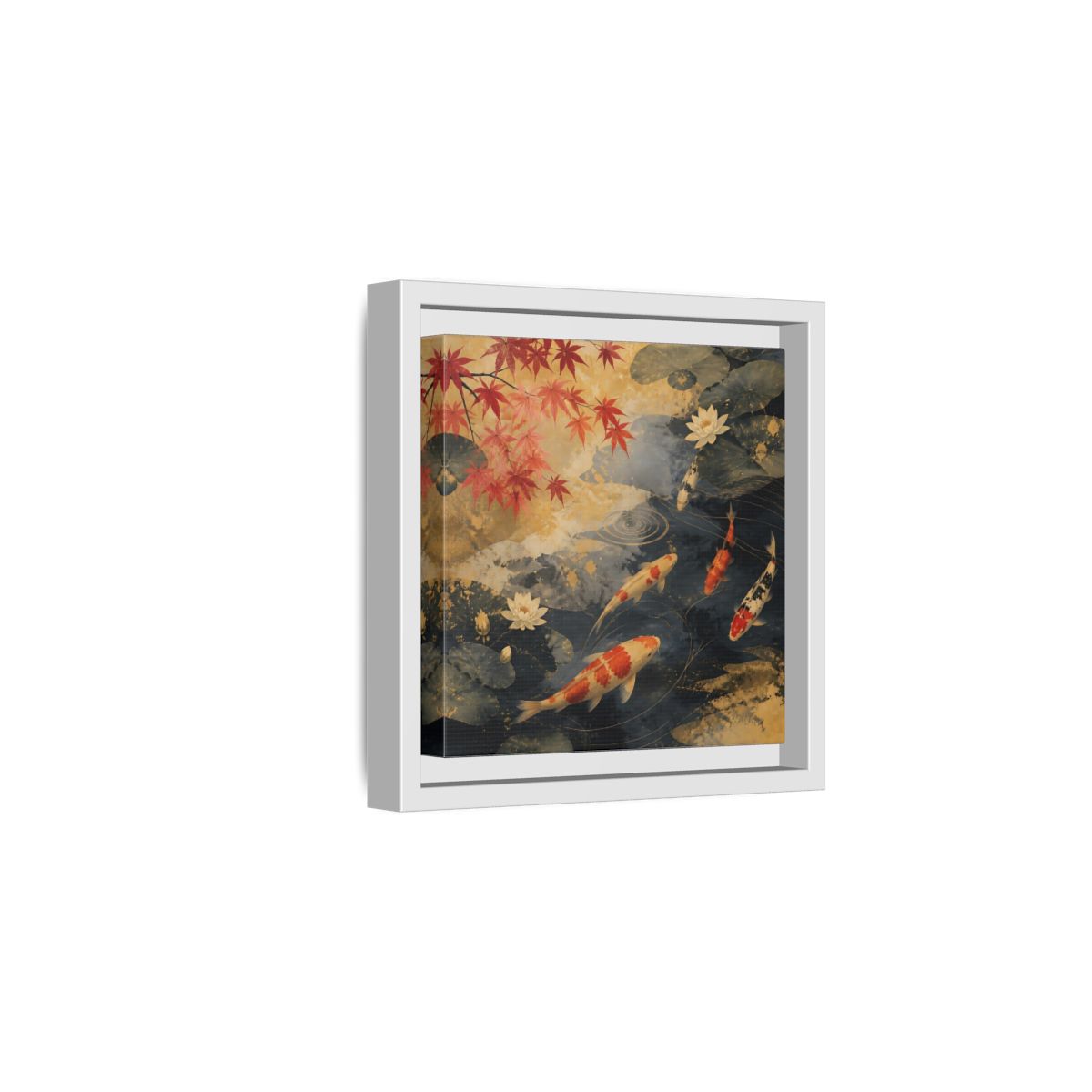 Side Mockup 1. Japanese Koi Pond Harmony shown as framed canvas print
