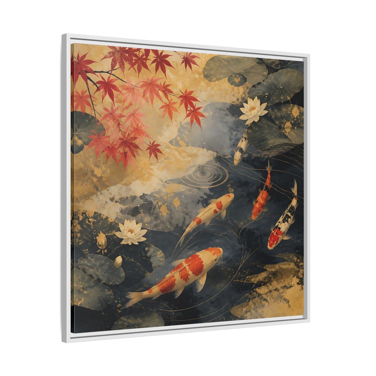 Side Mockup 25. Japanese Koi Pond Harmony shown as framed canvas print