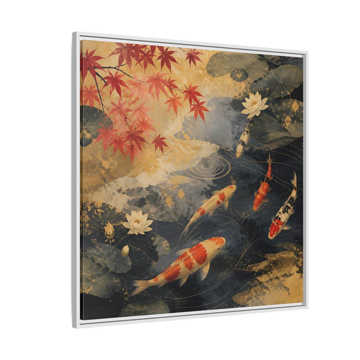 Side Mockup 4. Japanese Koi Pond Harmony shown as framed canvas print