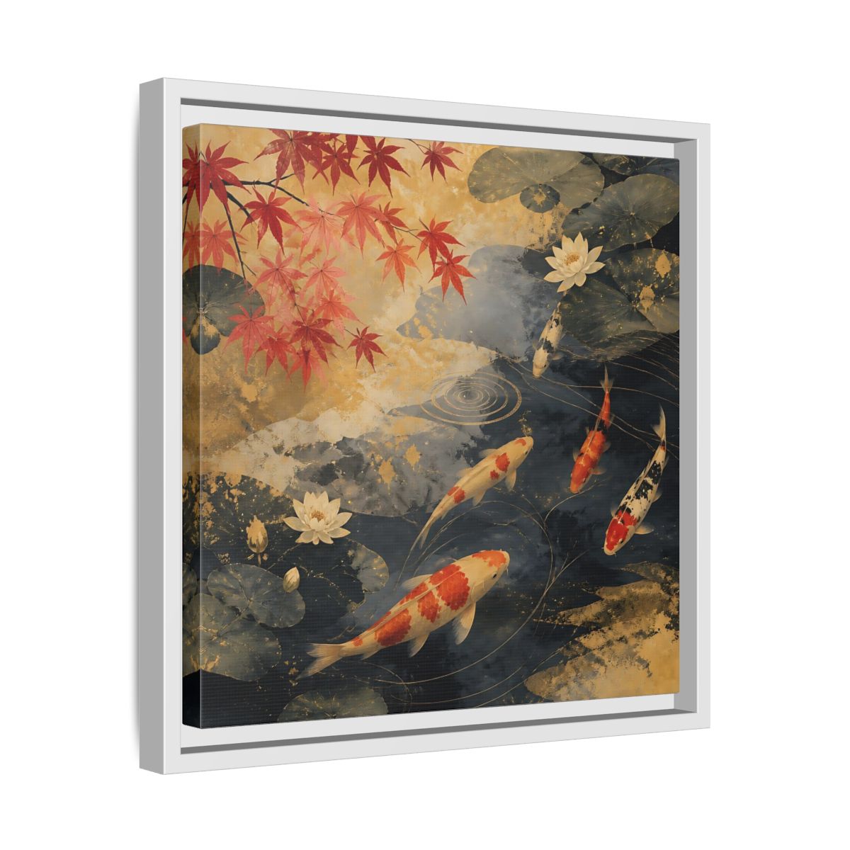 Side Mockup 28. Japanese Koi Pond Harmony shown as framed canvas print