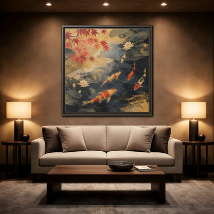 Mockup 2. Japanese Koi Pond Harmony shown as framed canvas print