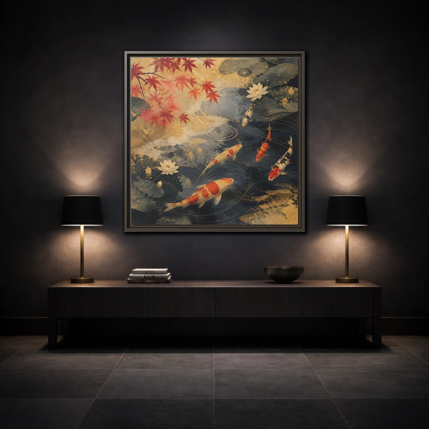 Mockup 3. Japanese Koi Pond Harmony shown as framed canvas print