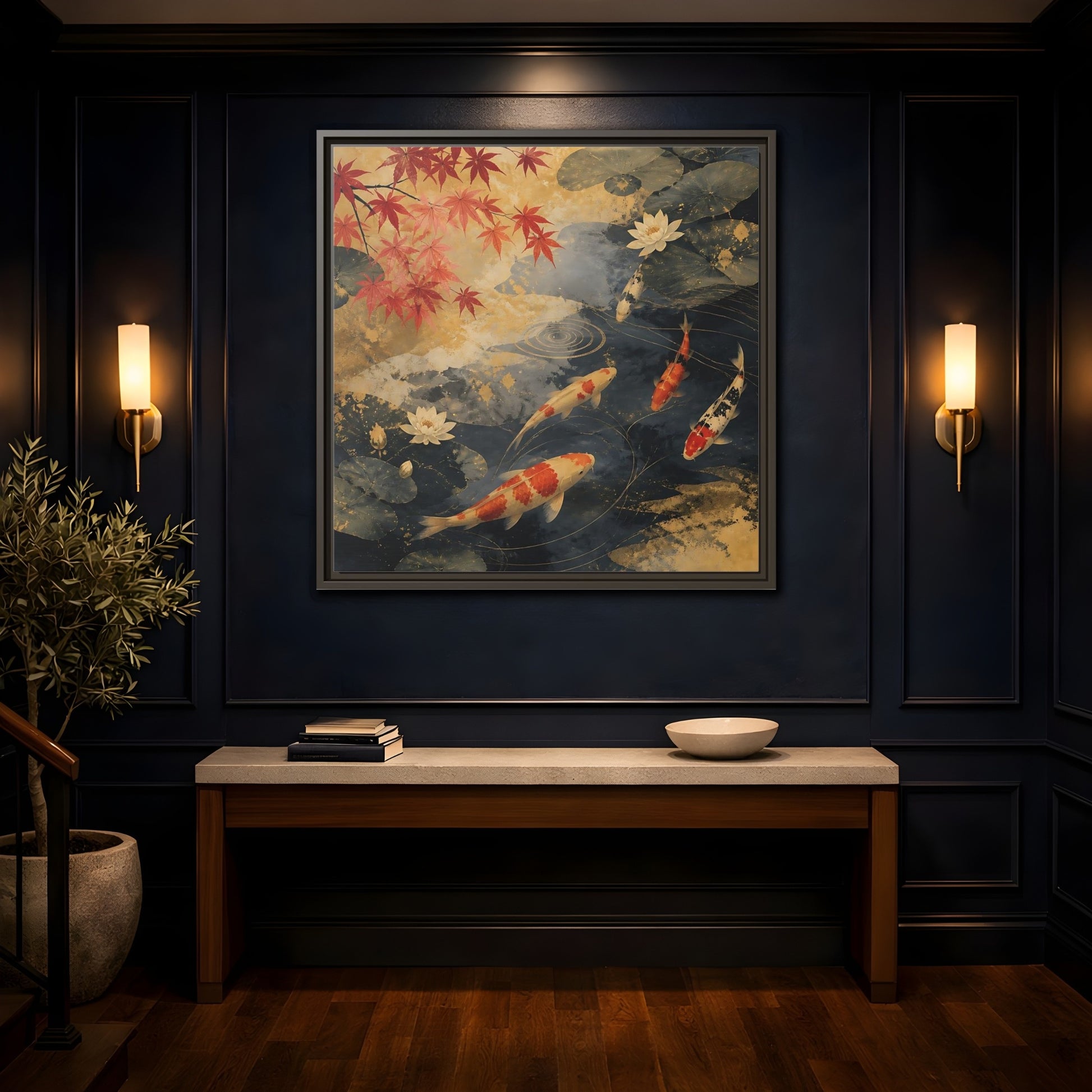 Mockup 4. Japanese Koi Pond Harmony shown as framed canvas print