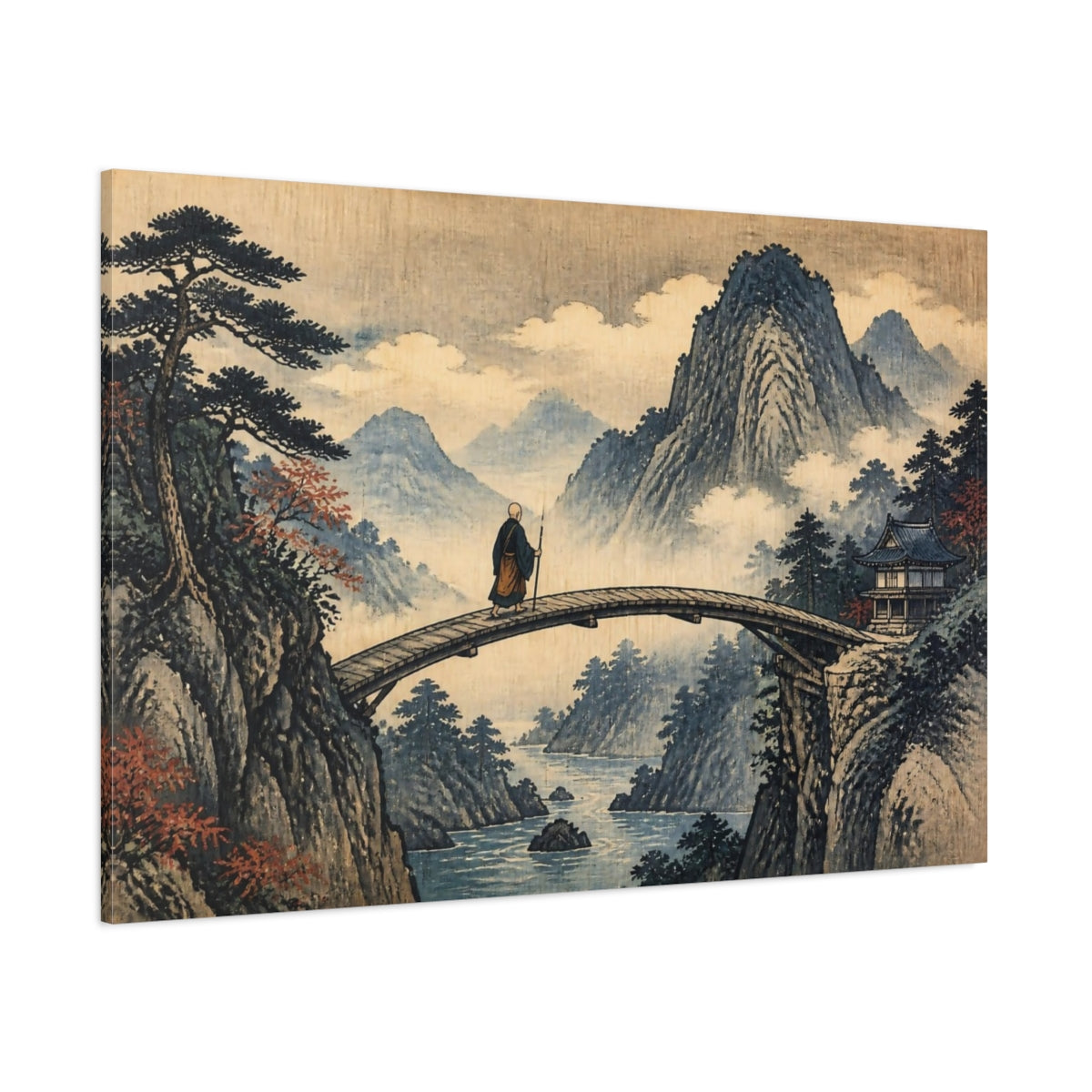 Side Mockup 1. Japanese Monk On Bridge shown as canvas print
