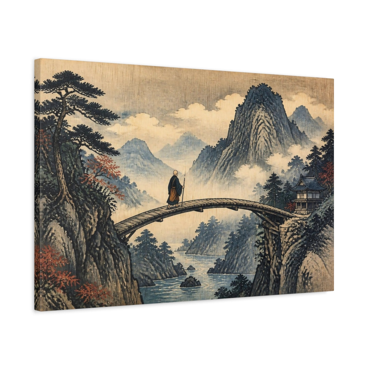 Side Mockup 2. Japanese Monk On Bridge shown as canvas print