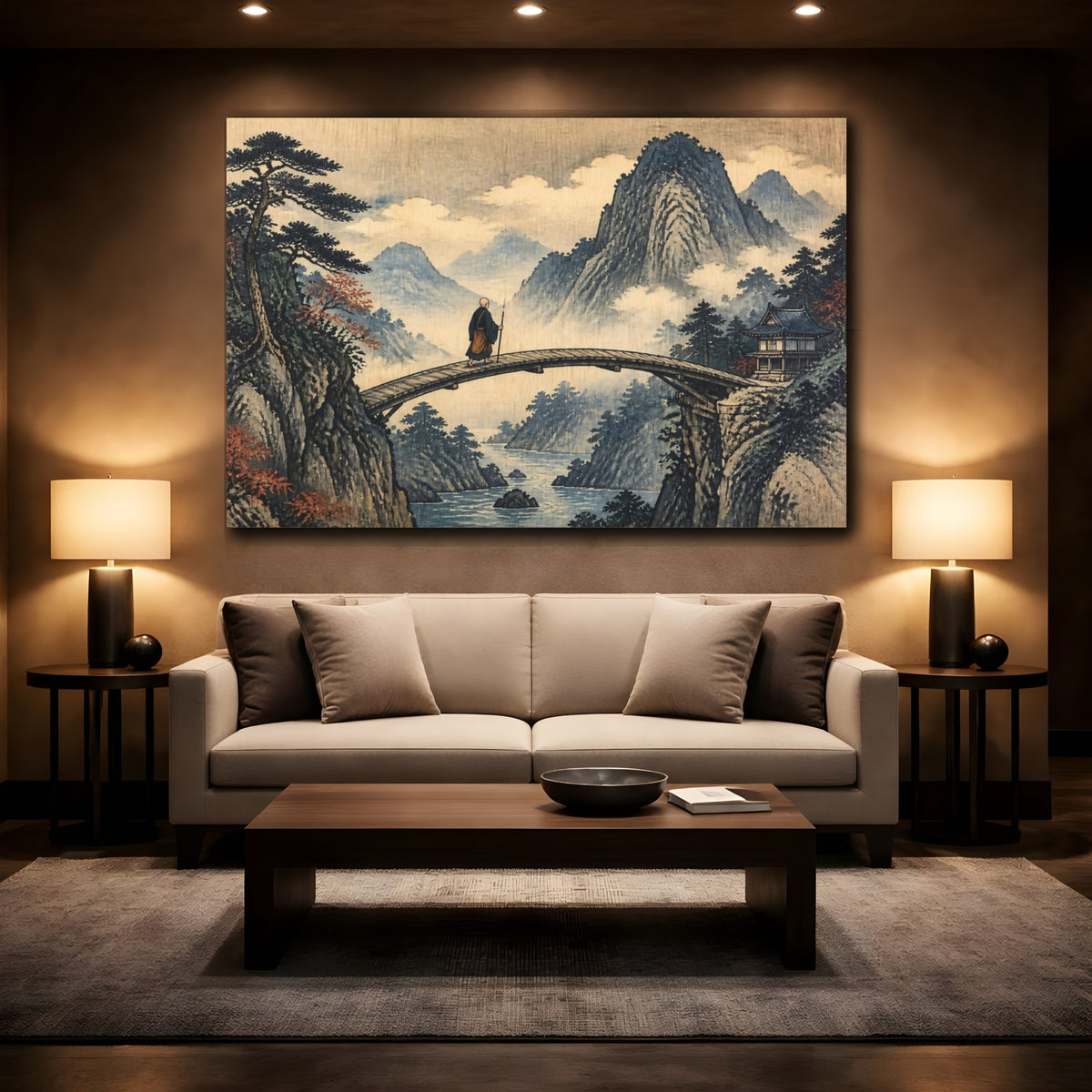 Mockup 2. Japanese Monk On Bridge shown as canvas print