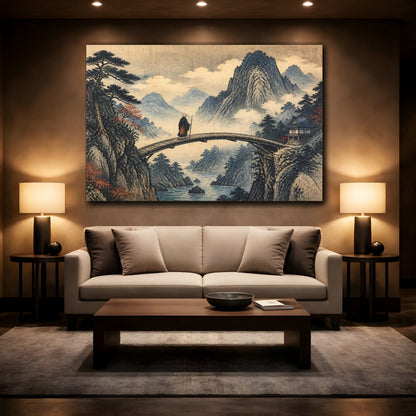 Mockup 2. Japanese Monk On Bridge shown as canvas print