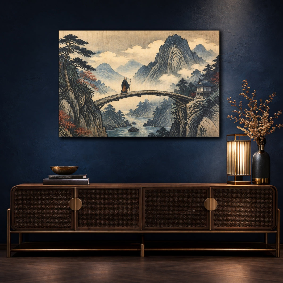 Mockup 4. Japanese Monk On Bridge shown as canvas print