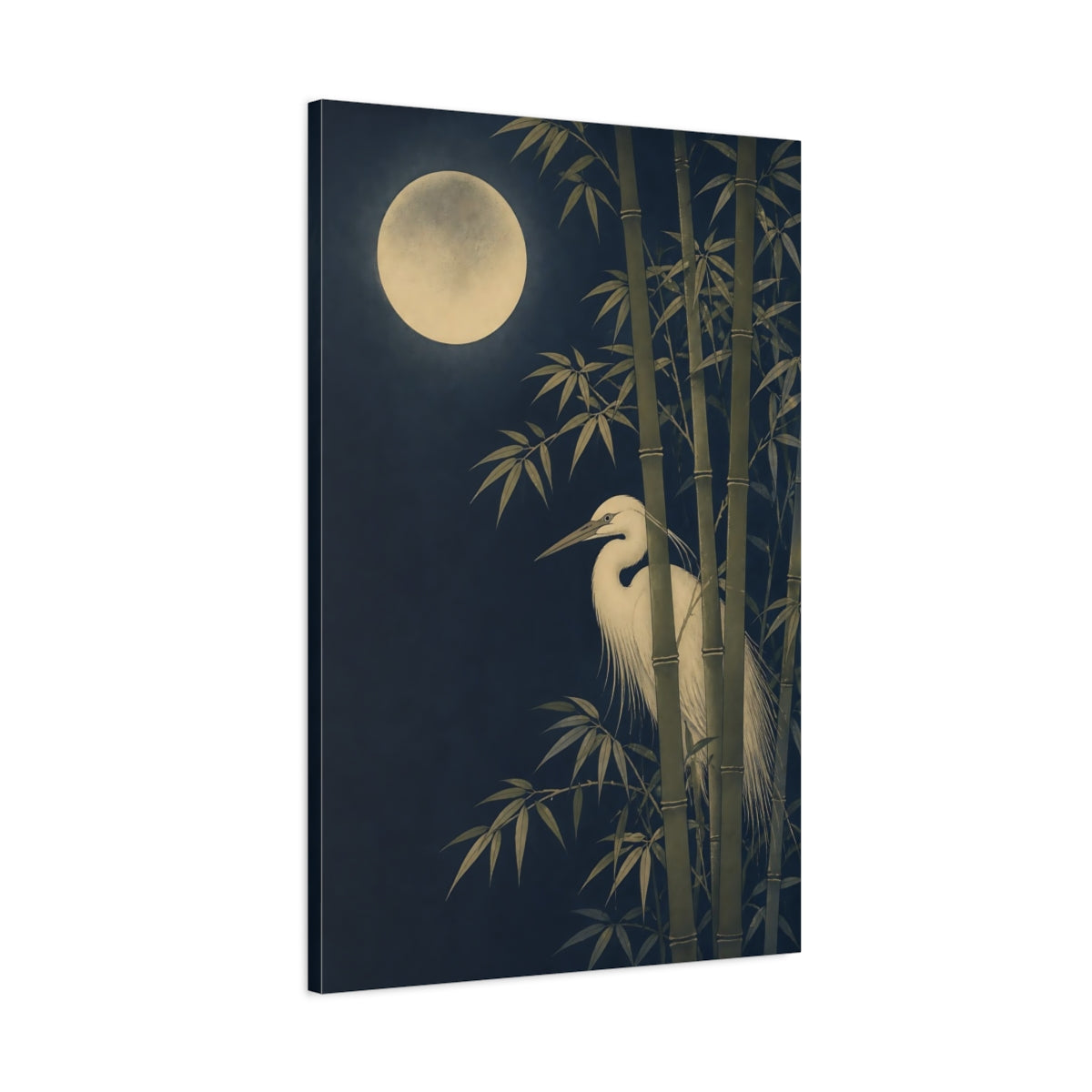 Main Mockup. Japanese Moonlit Heron shown as canvas print