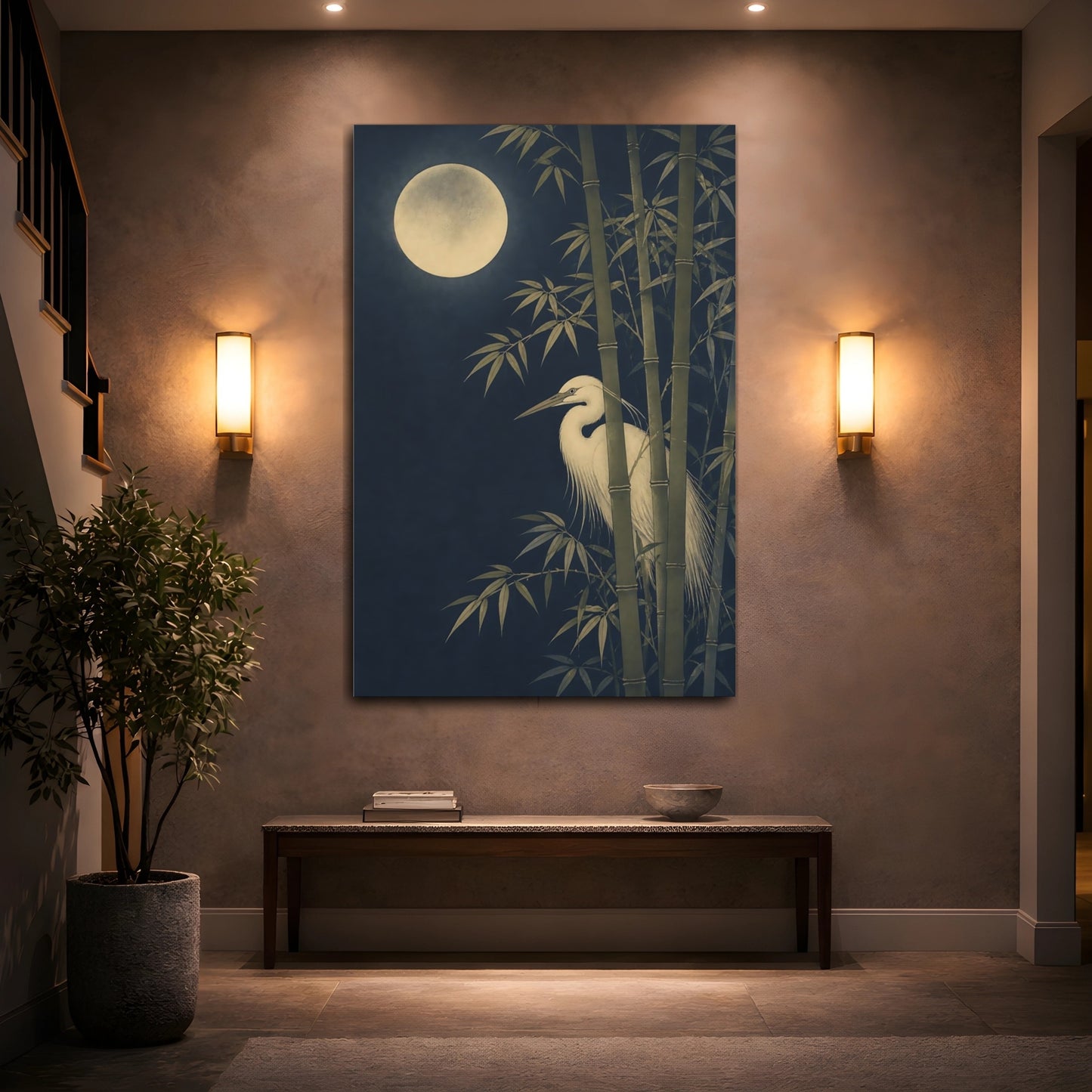 Mockup 2. Japanese Moonlit Heron shown as canvas print