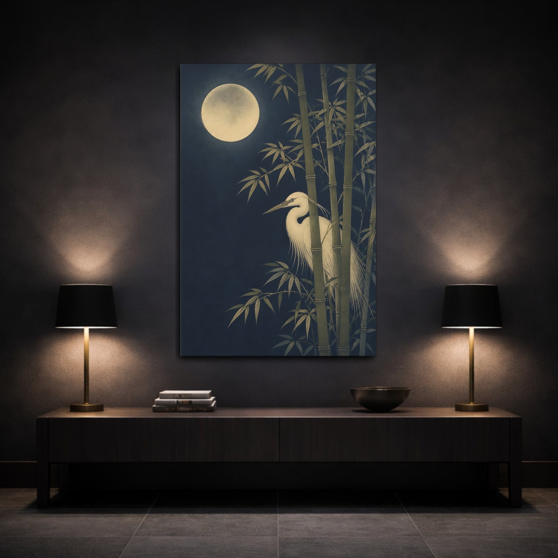 Mockup 3. Japanese Moonlit Heron shown as canvas print