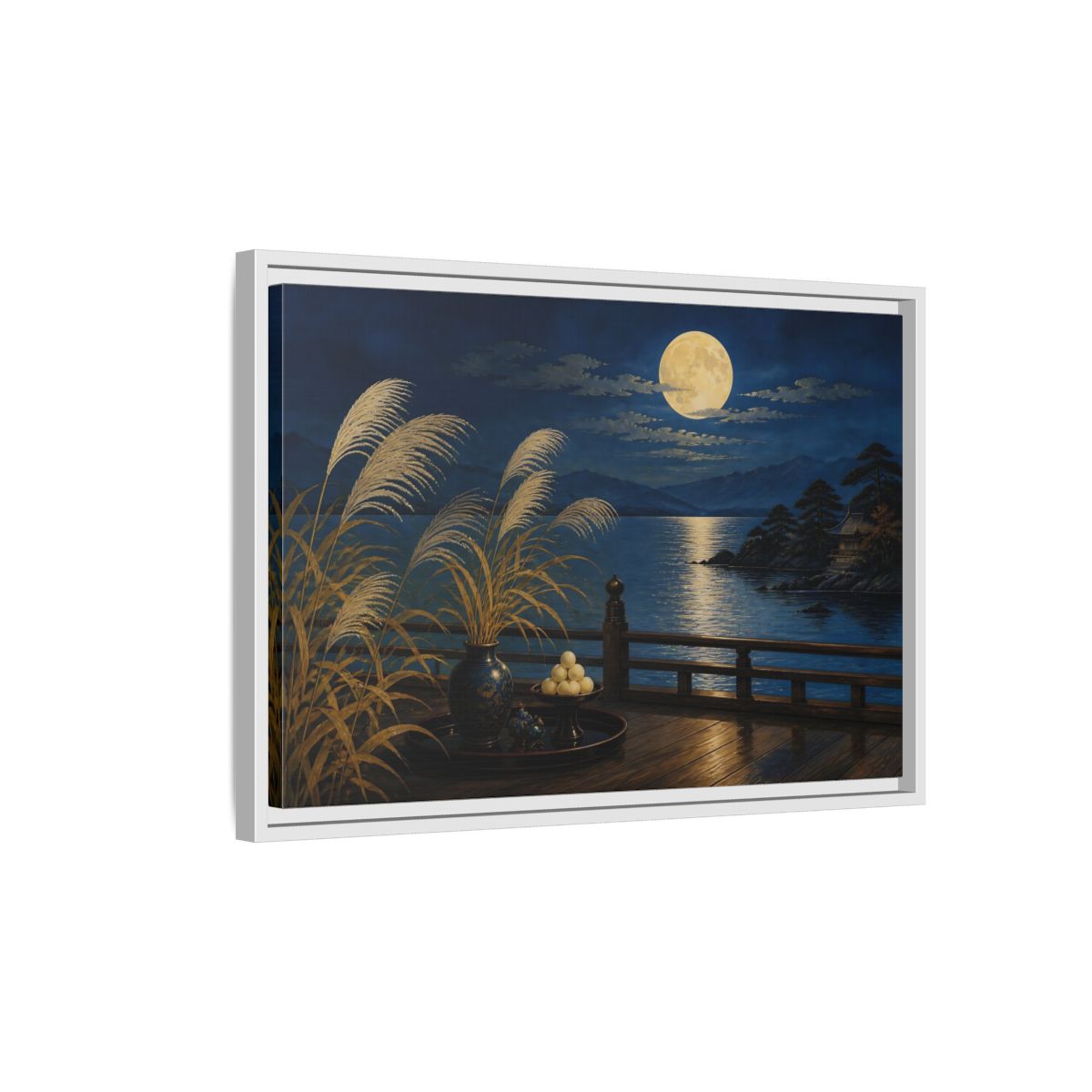 Side Mockup 1. Japanese Moonlit Veranda shown as framed canvas print
