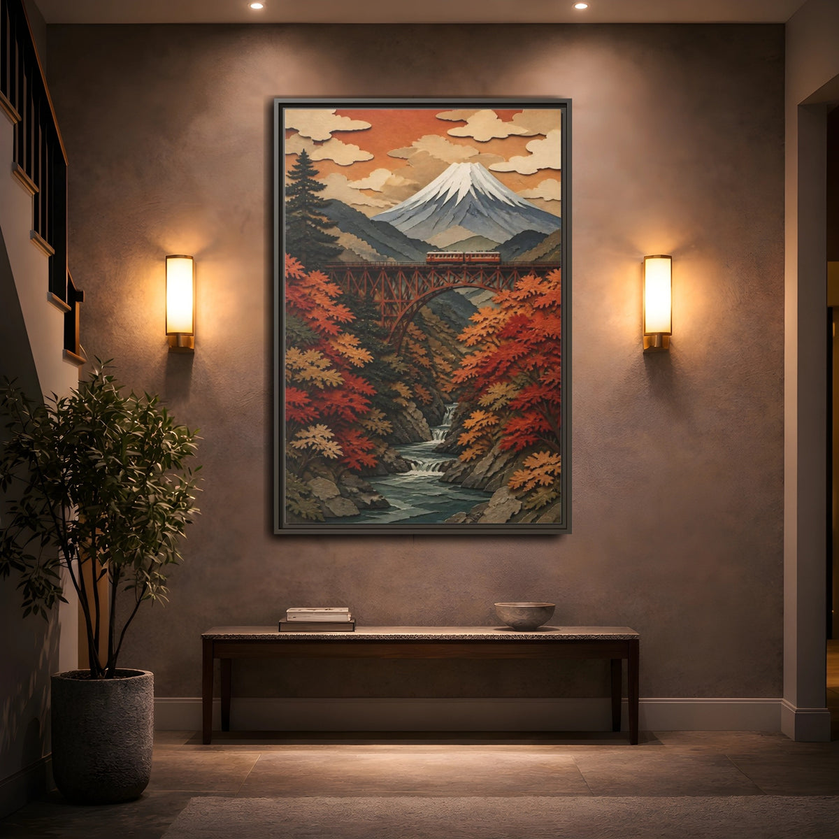 Mockup 2. Japanese Mountain Rail Bridge shown as framed canvas print