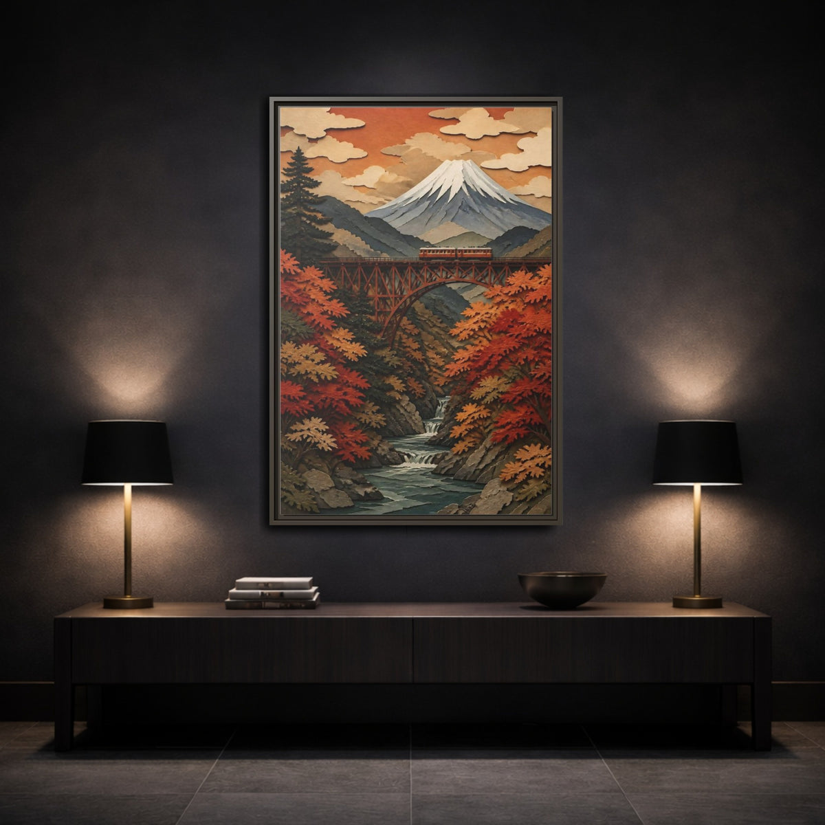 Mockup 3. Japanese Mountain Rail Bridge shown as framed canvas print