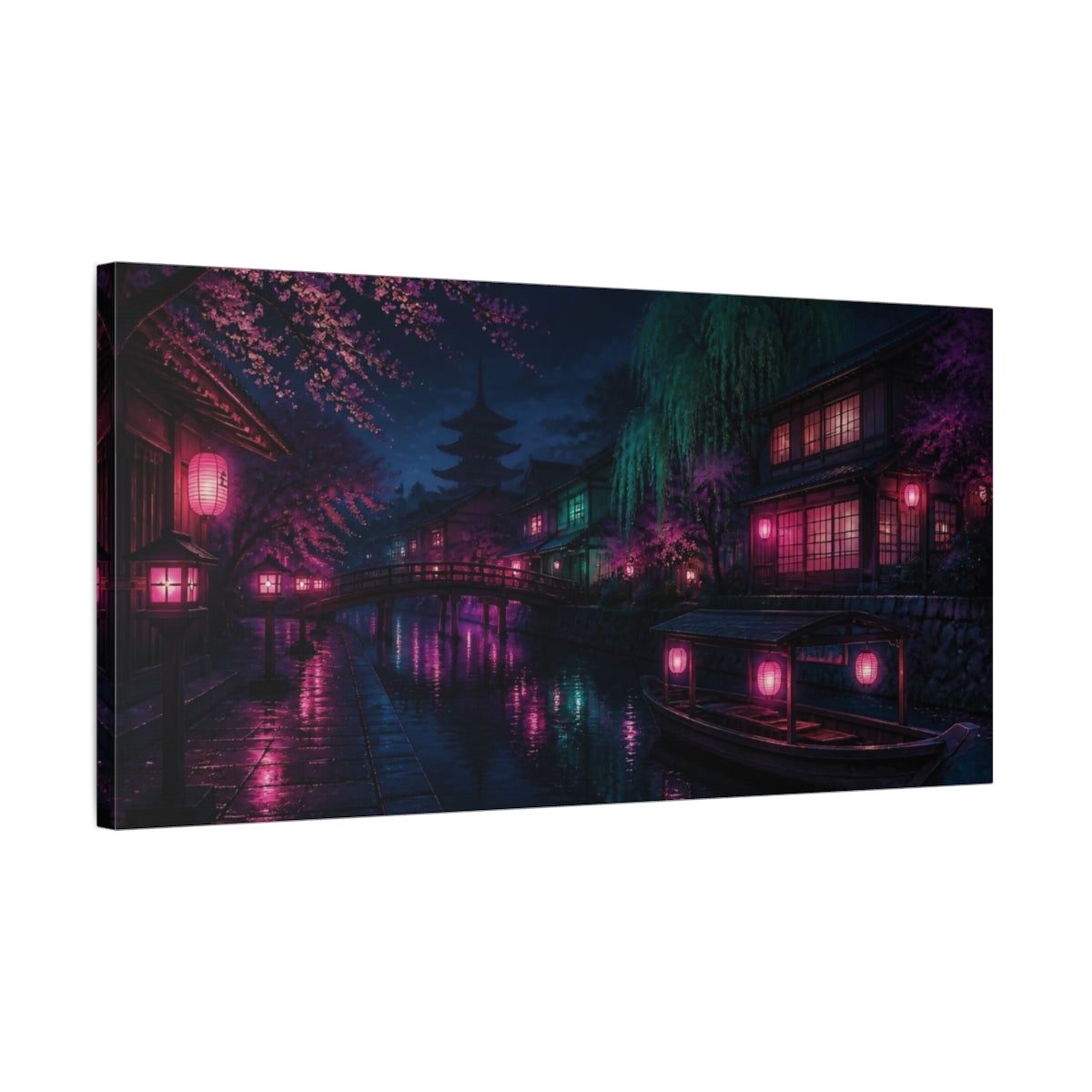 Side Mockup 1. Japanese Neon Canal shown as canvas print