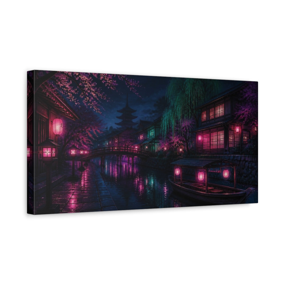Side Mockup 3. Japanese Neon Canal shown as canvas print