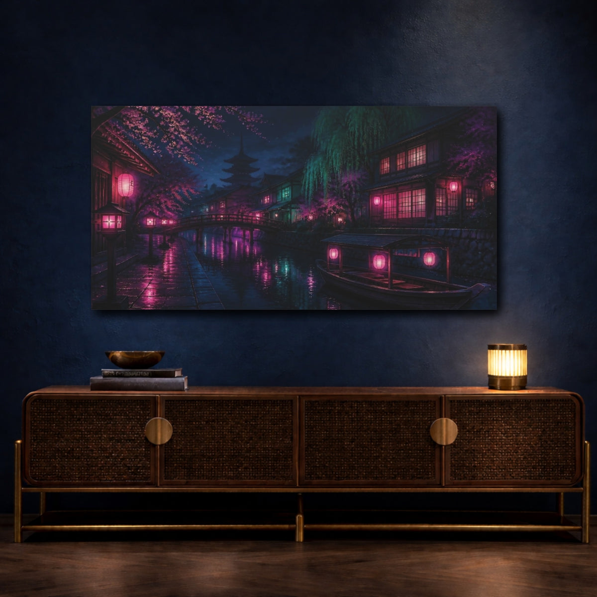 Mockup 4. Japanese Neon Canal shown as canvas print