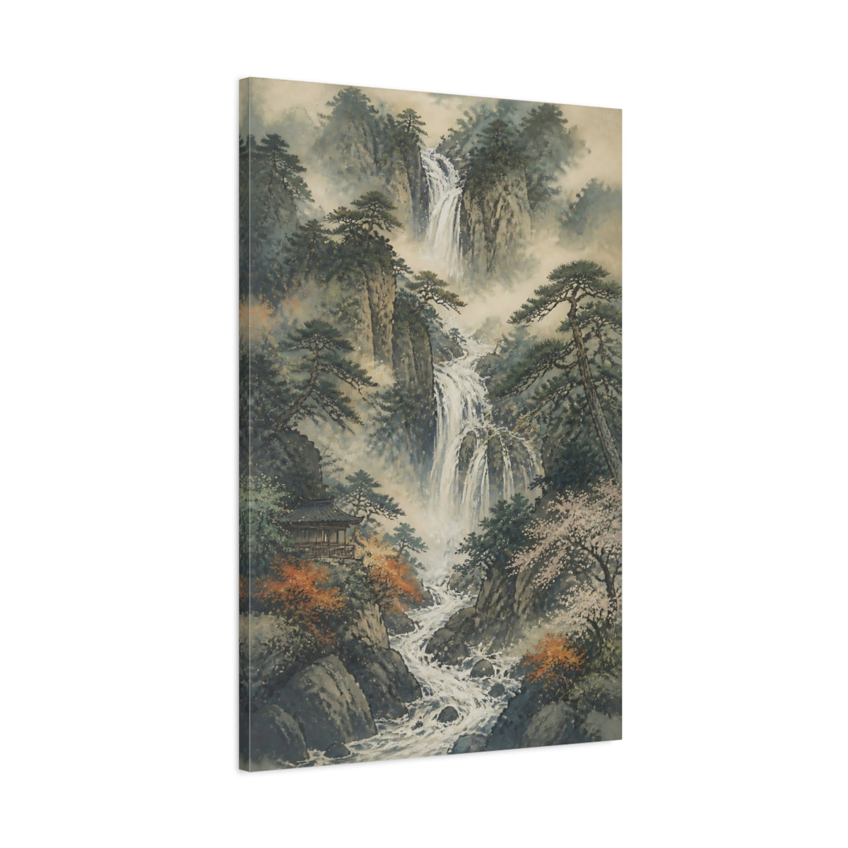 Main Mockup. Japanese Pine Waterfall Temple shown as canvas print