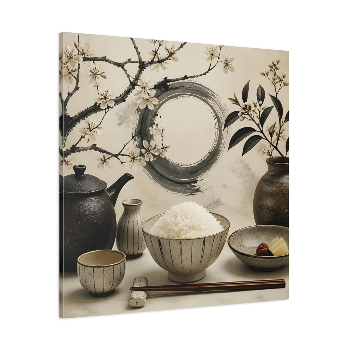 Side Mockup 1. Japanese Rice Bowl With Blossoms shown as canvas print