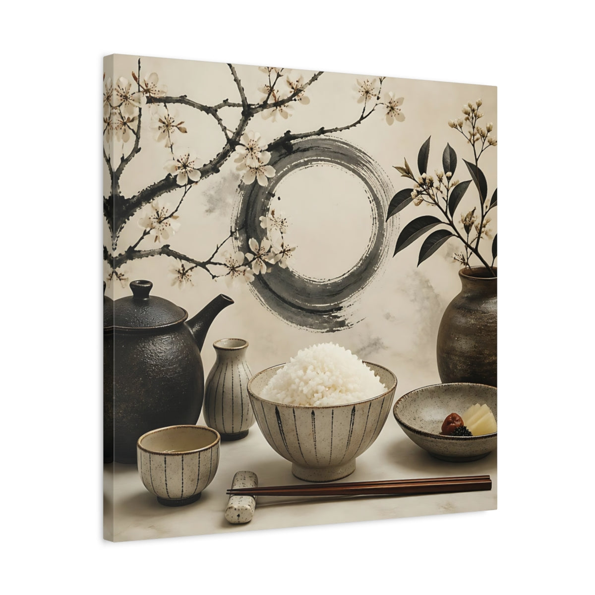 Side Mockup 4. Japanese Rice Bowl With Blossoms shown as canvas print
