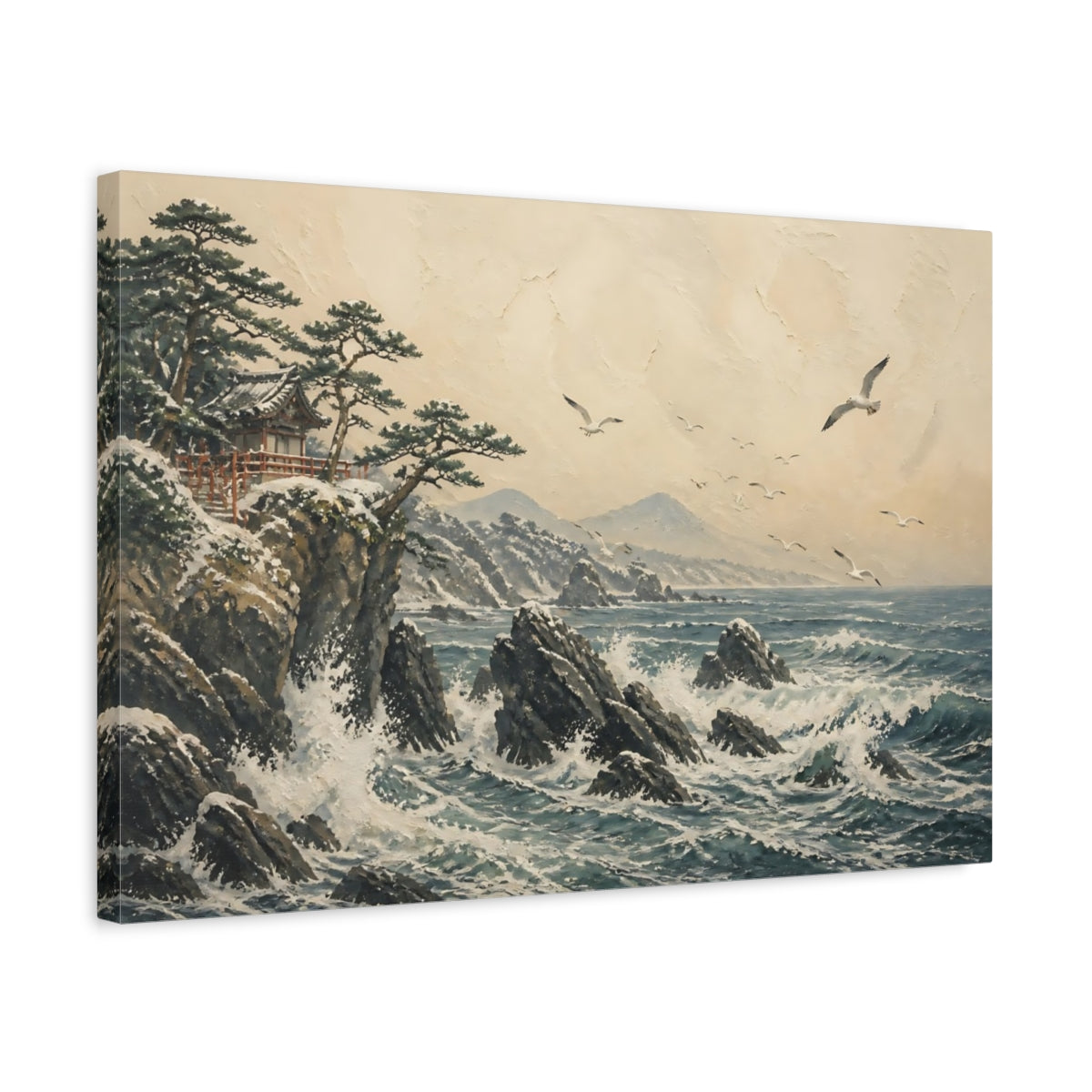 Side Mockup 3. Japanese Seaside Temple shown as canvas print