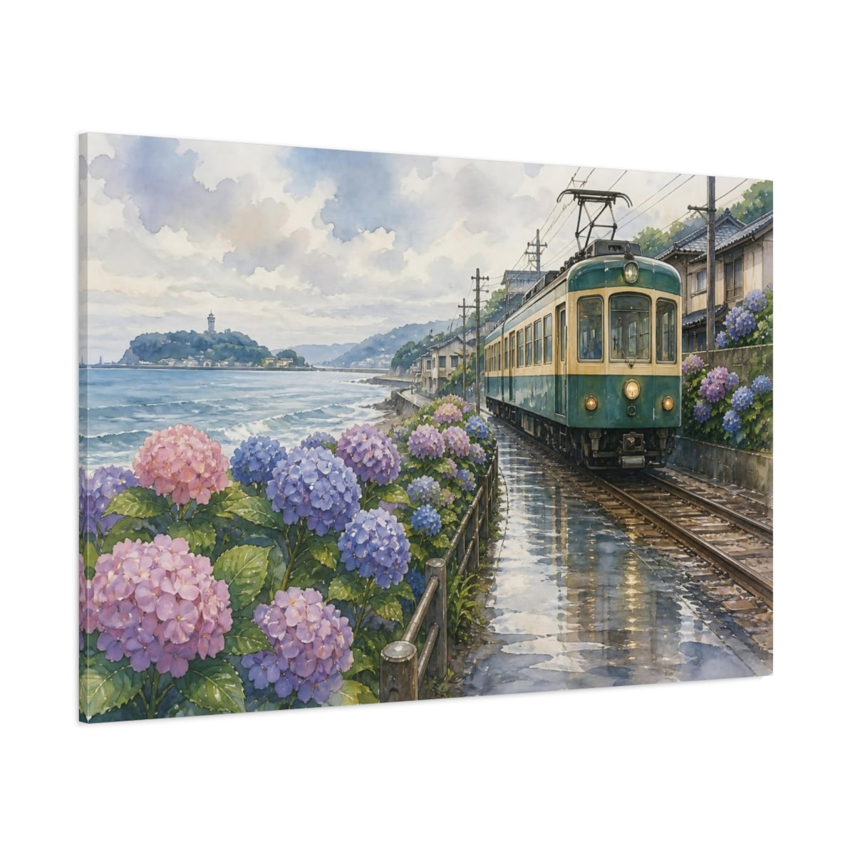 Side Mockup 1. Japanese Seaside Train With Hydrangeas shown as canvas print