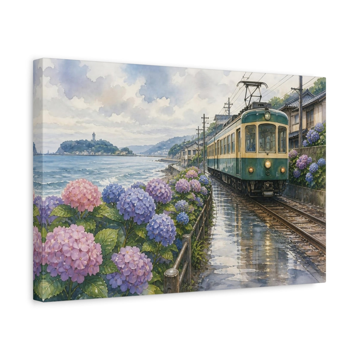 Side Mockup 4. Japanese Seaside Train With Hydrangeas shown as canvas print