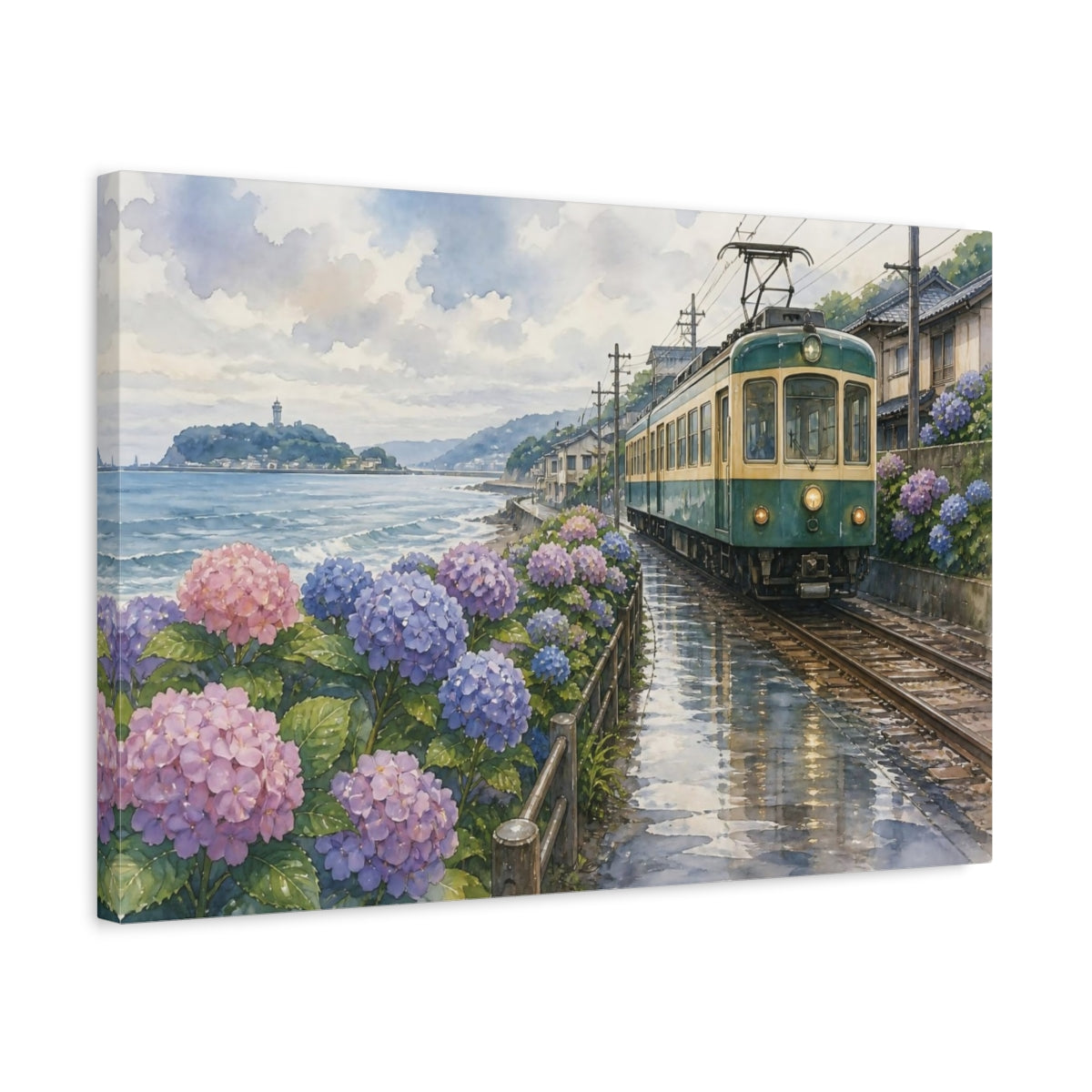 Side Mockup 3. Japanese Seaside Train With Hydrangeas shown as canvas print