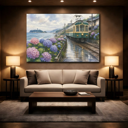 Mockup 2. Japanese Seaside Train With Hydrangeas shown as canvas print