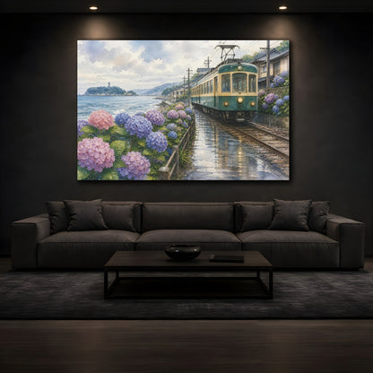 Mockup 3. Japanese Seaside Train With Hydrangeas shown as canvas print