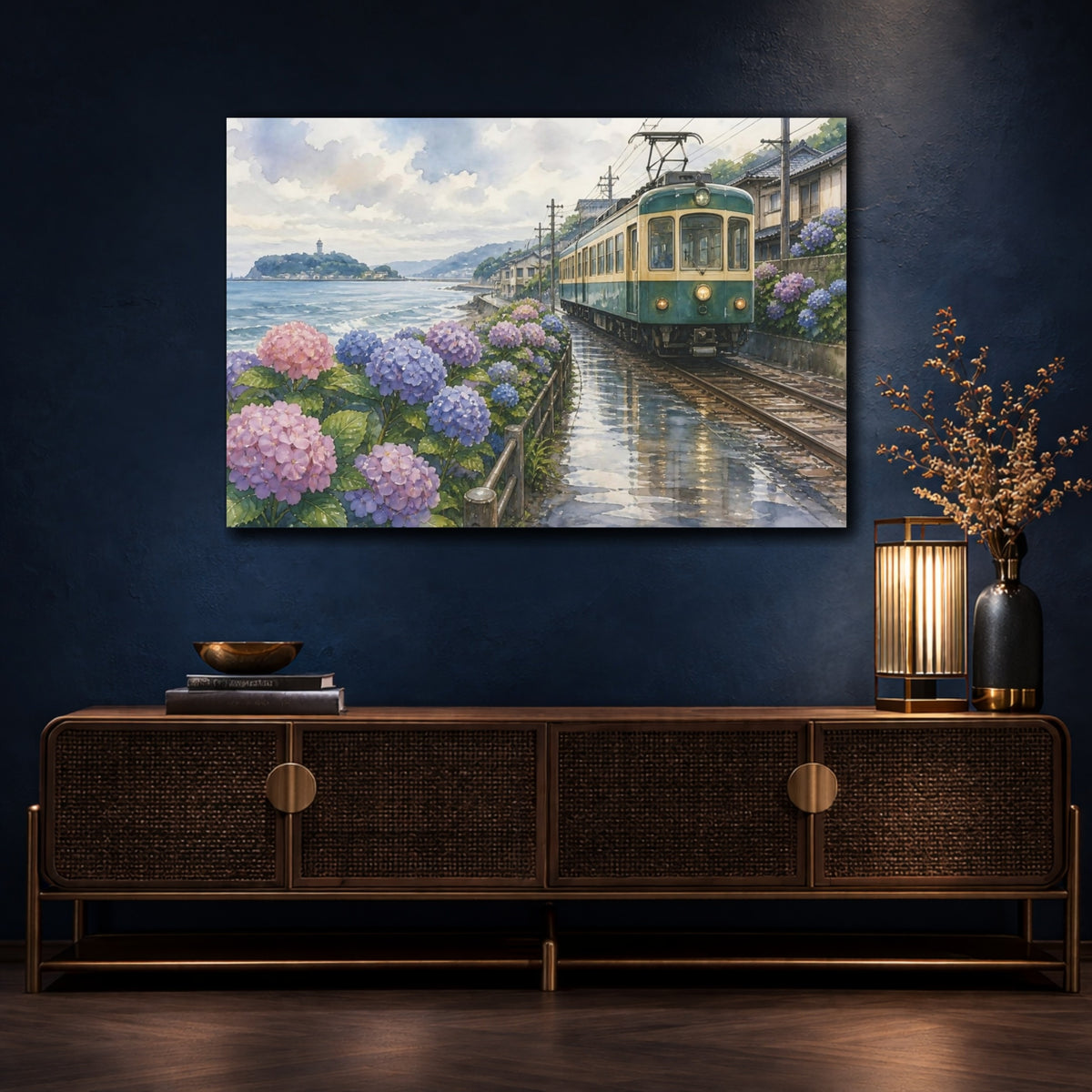 Mockup 4. Japanese Seaside Train With Hydrangeas shown as canvas print