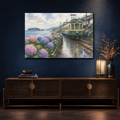 Mockup 4. Japanese Seaside Train With Hydrangeas shown as canvas print