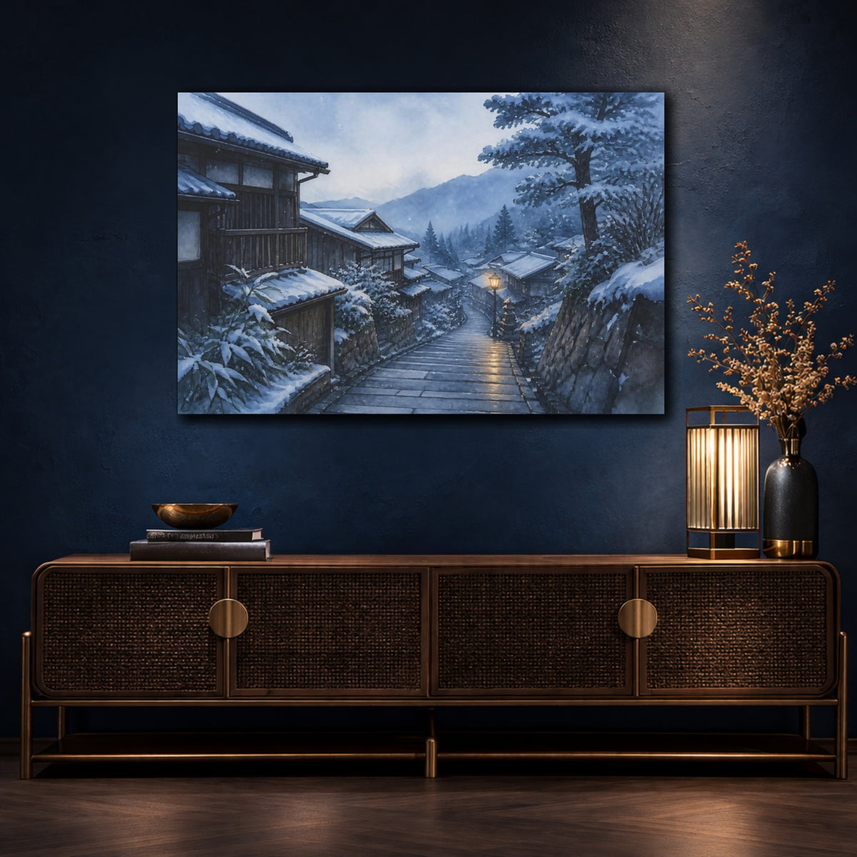 Mockup 4. Japanese Snowy Lane shown as canvas print