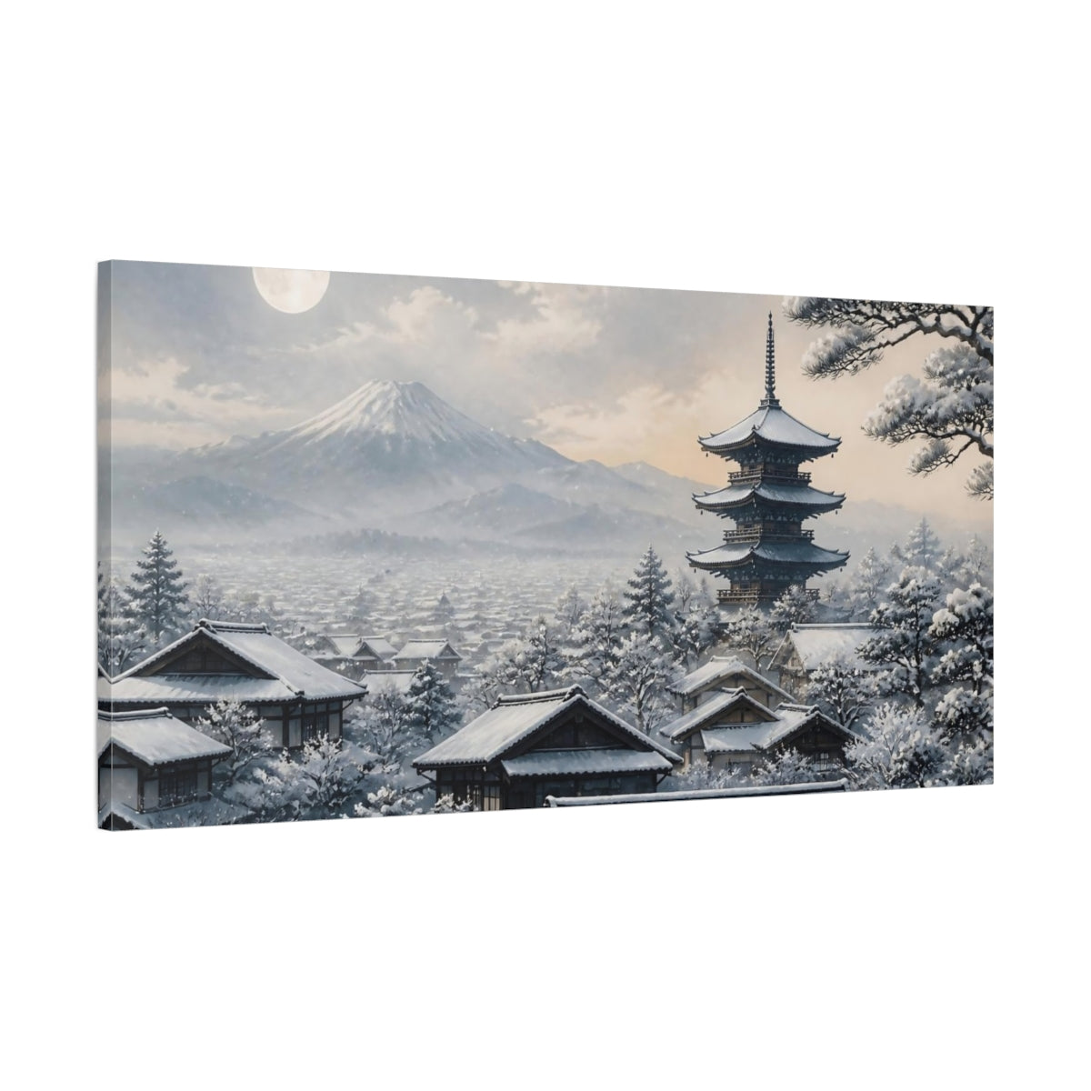 Main Mockup. Japanese Snowy Pagoda shown as canvas print