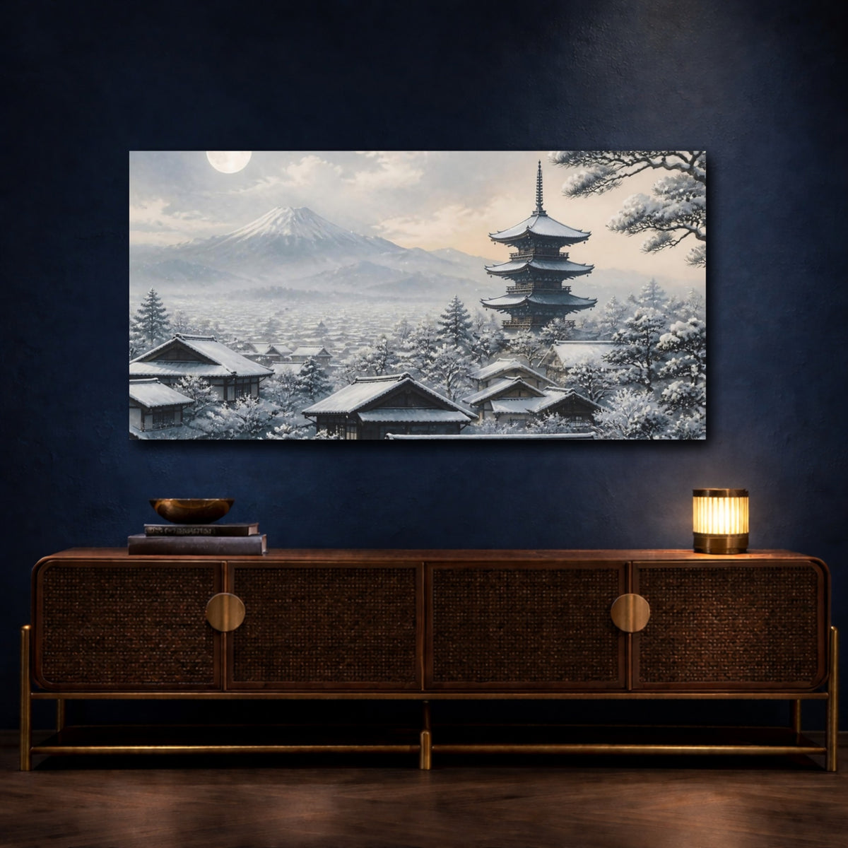 Mockup 4. Japanese Snowy Pagoda shown as canvas print
