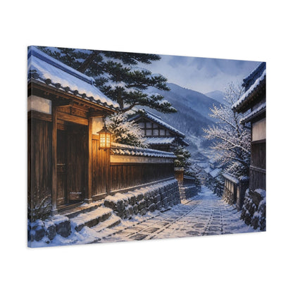 Main Mockup. Japanese Snowy Village Lane shown as canvas print