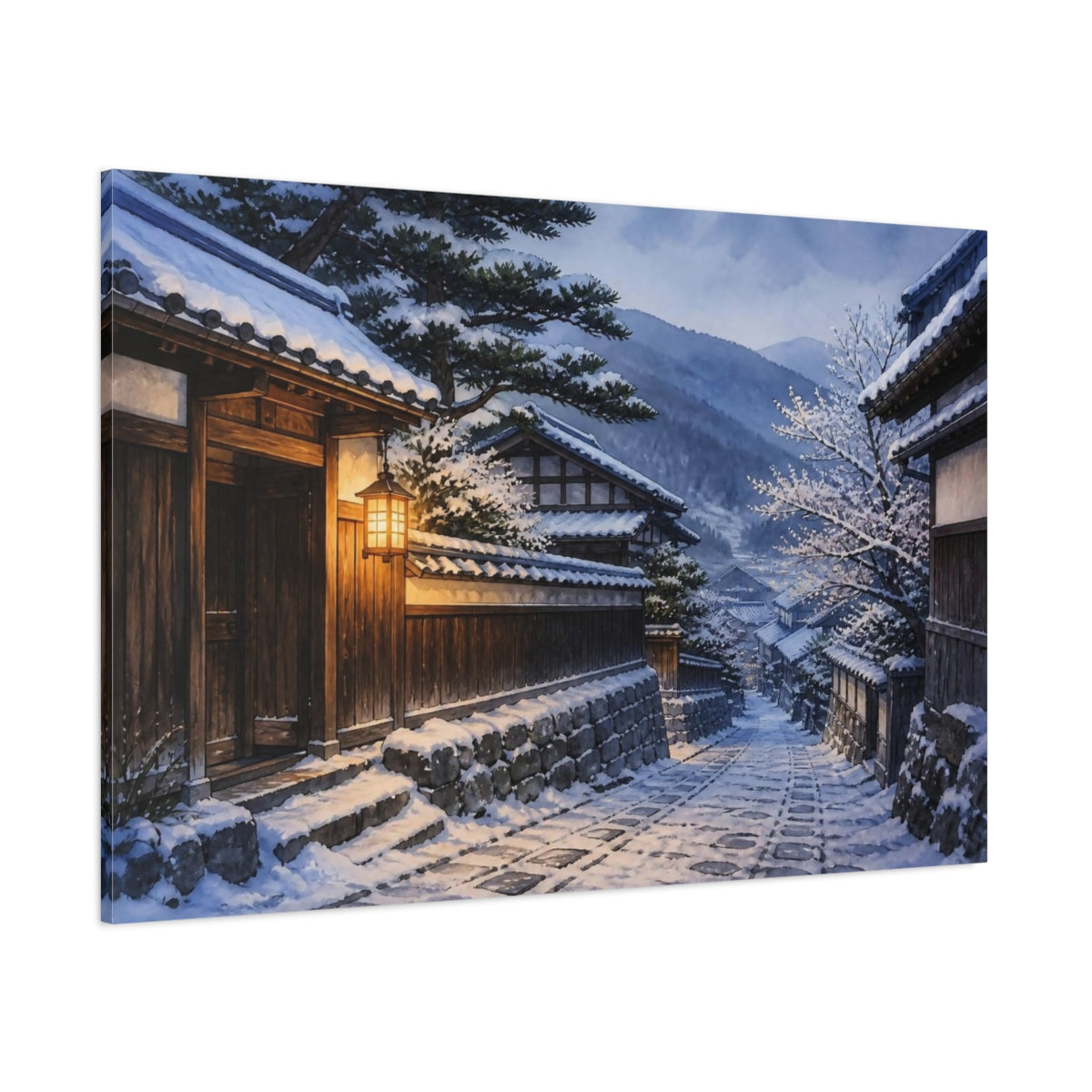 Side Mockup 1. Japanese Snowy Village Lane shown as canvas print