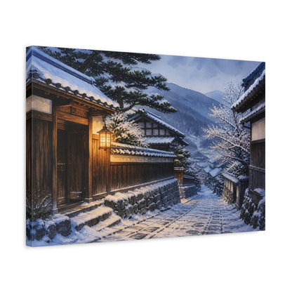 Side Mockup 3. Japanese Snowy Village Lane shown as canvas print