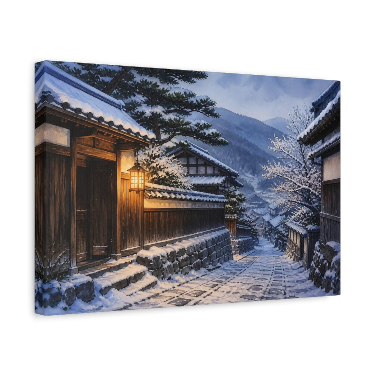 Side Mockup 4. Japanese Snowy Village Lane shown as canvas print