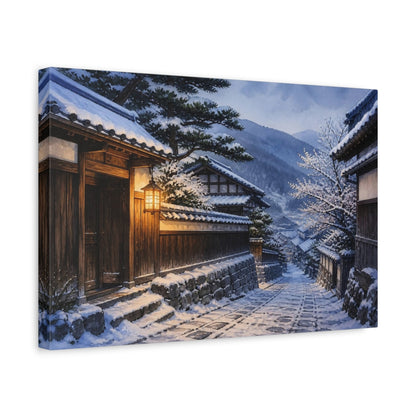 Side Mockup 4. Japanese Snowy Village Lane shown as canvas print